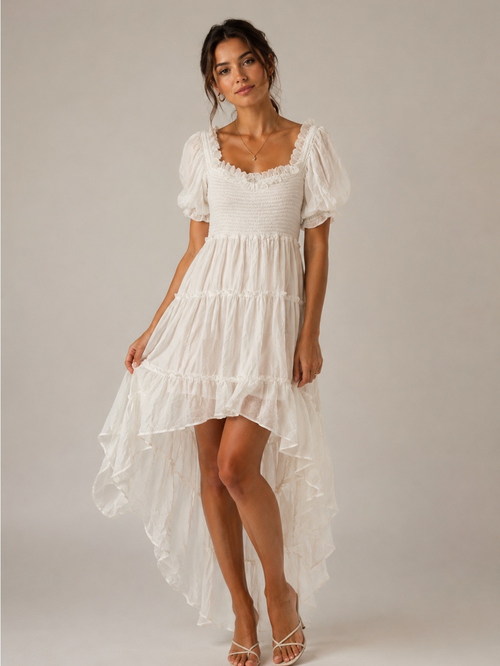 Caroline Constas Revolve Smocked Puff-Sleeve High-Low Dress in White Cream